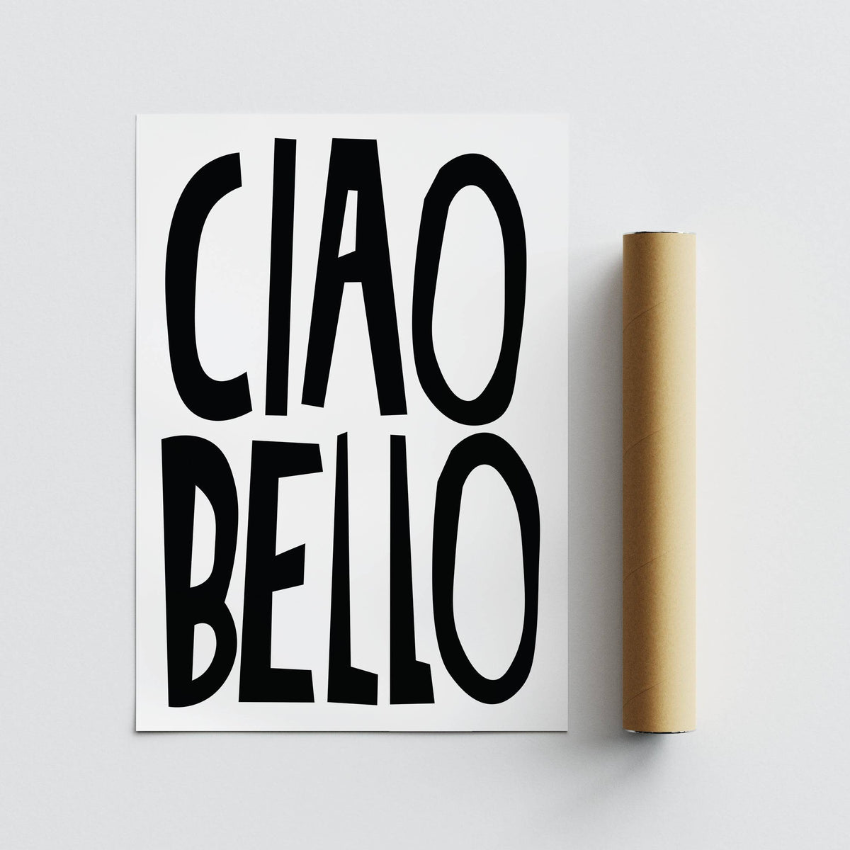 Ciao Bello text print in black and white next to a brown packaging tube