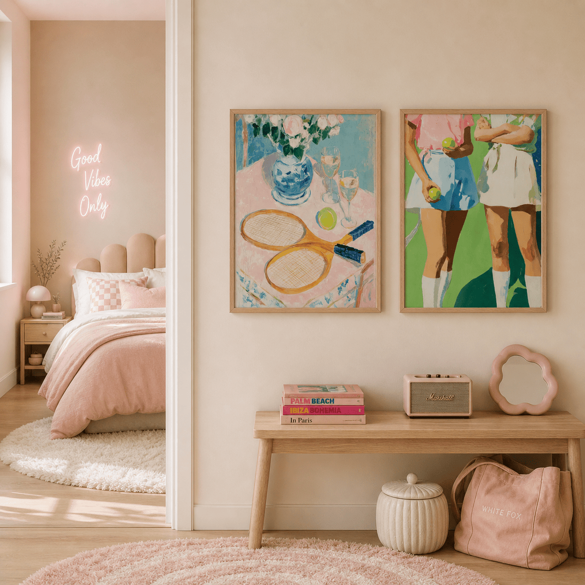 Tennis wall art set in a soft pink bedroom with a decorative plaque on a wooden bench
