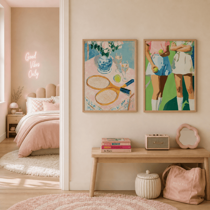 Tennis wall art set in a soft pink bedroom with a decorative plaque on a wooden bench