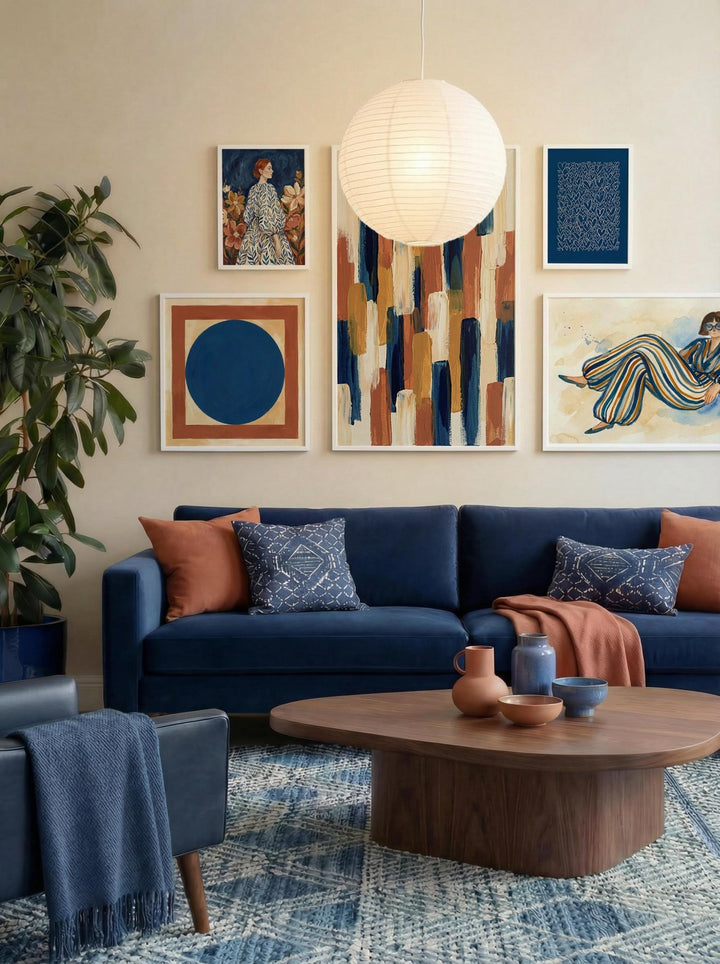 Modern Gallery Wall Set with abstract blue, brown and beige blocks above a blue velvet sofa in a living room