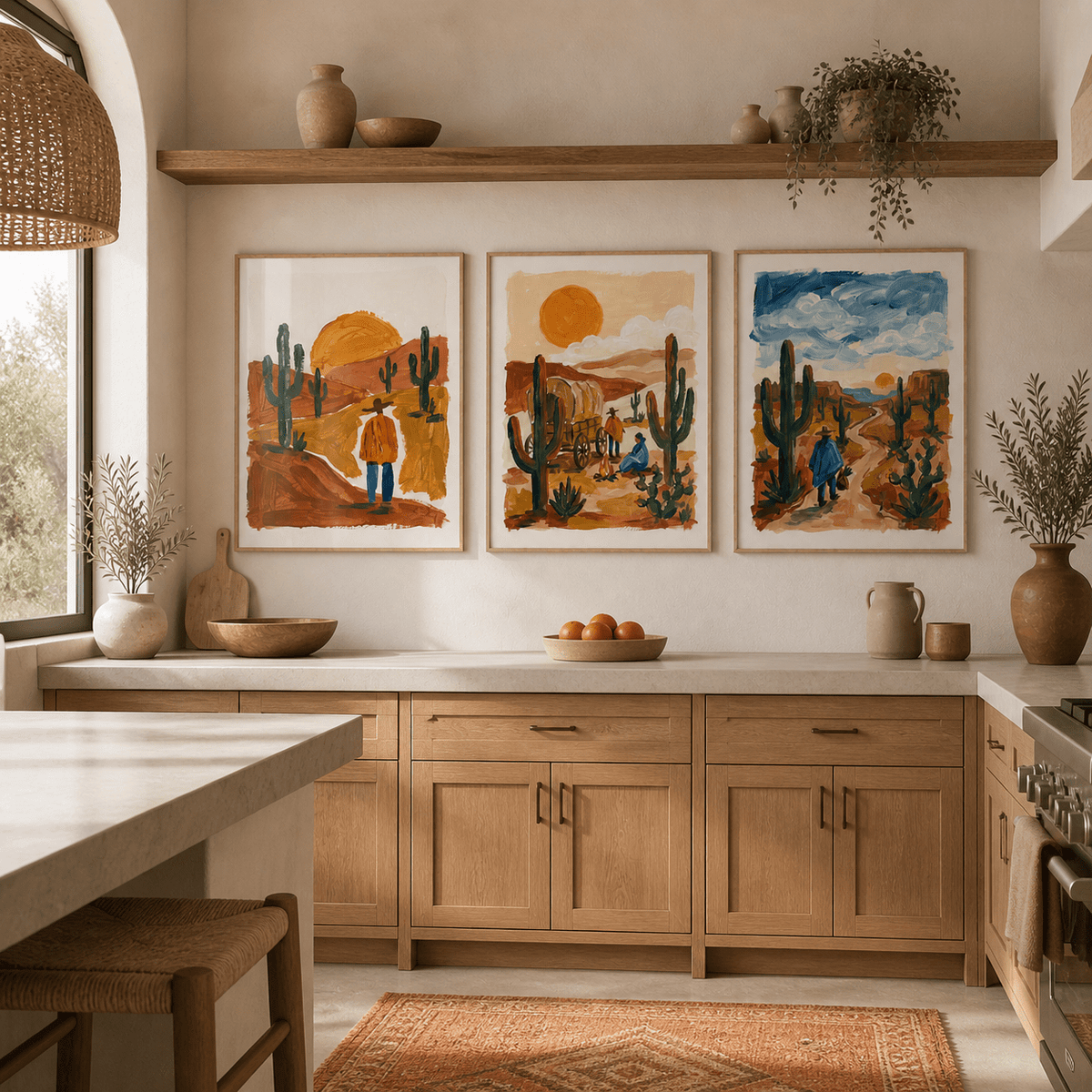Desert wall art arranged in a kitchen scene showing three desert landscapes with cacti and figures and warm earthy colours