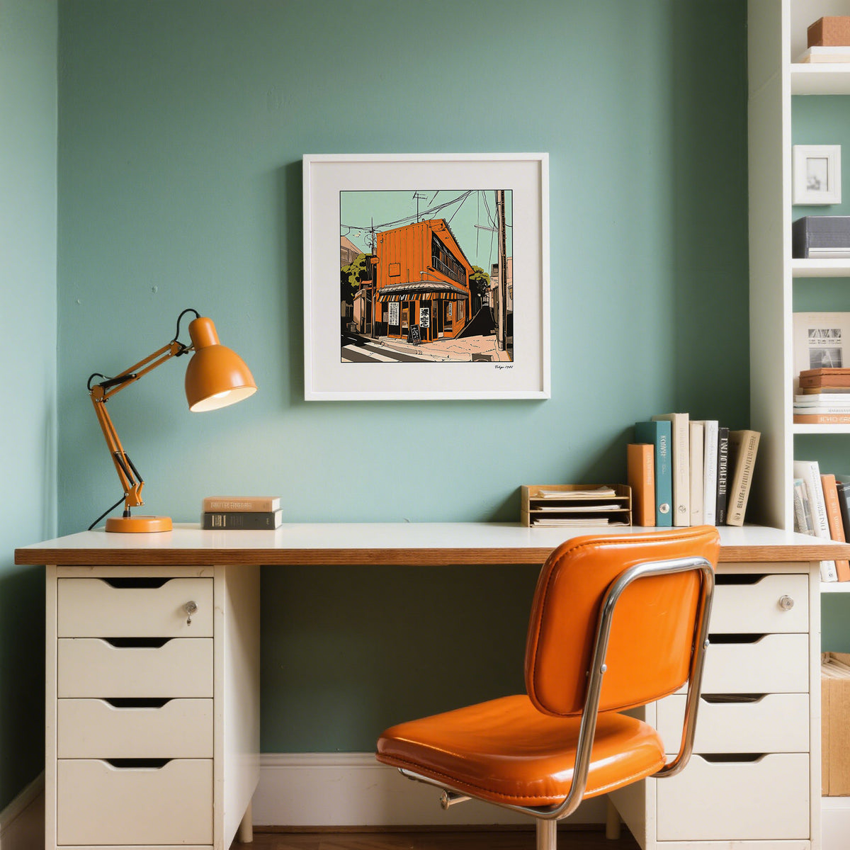 Tokyo wall art of an orange street building framed on a teal wall above a white desk