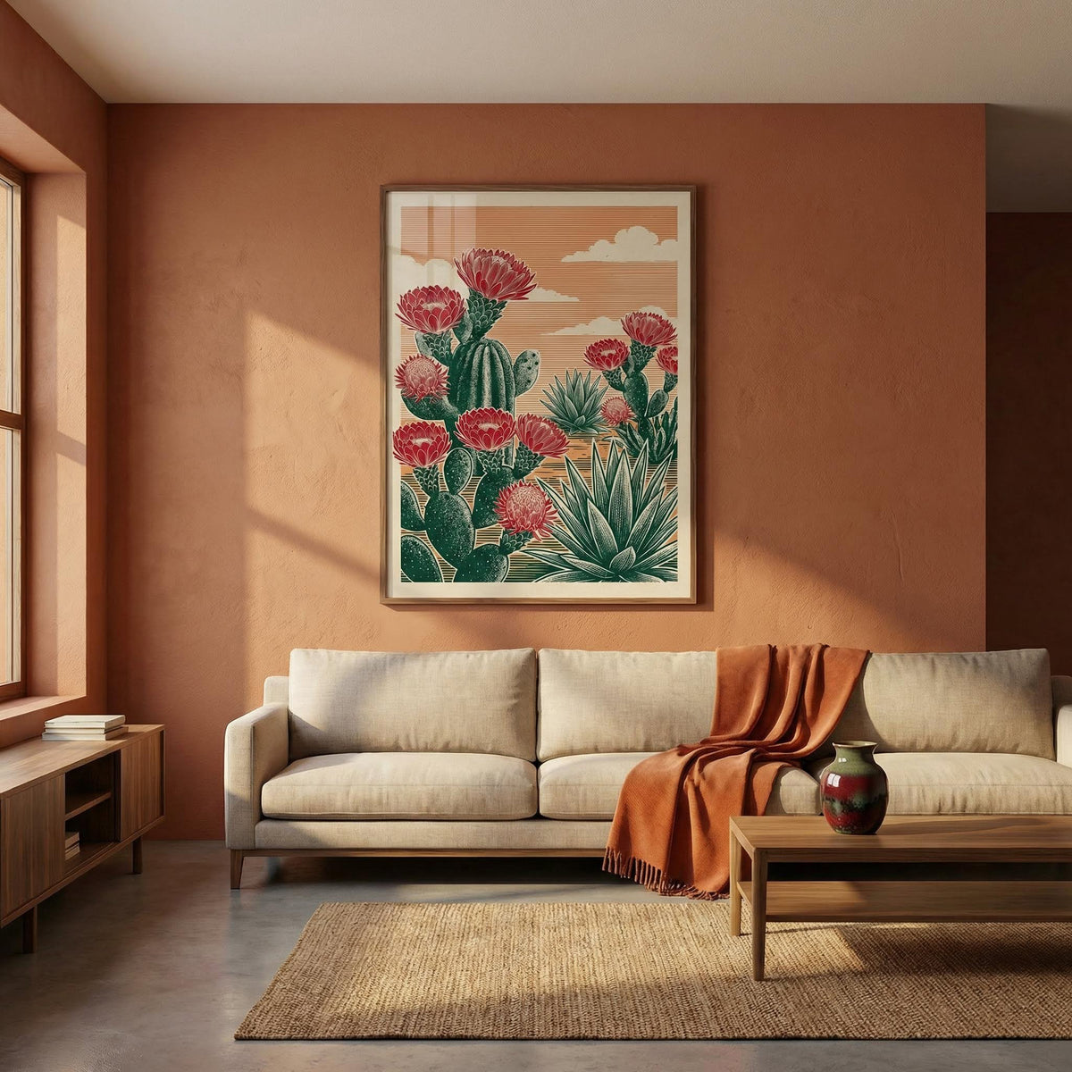 Cactus Desert Art hanging above a light beige sofa with an orange throw in a warm toned living room