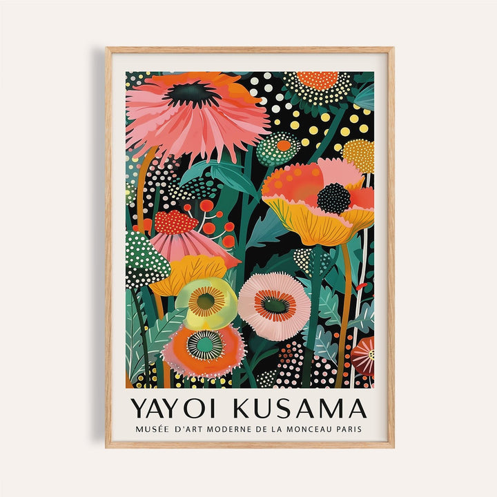 Tropical wall art featuring colourful stylised flowers with black and green background