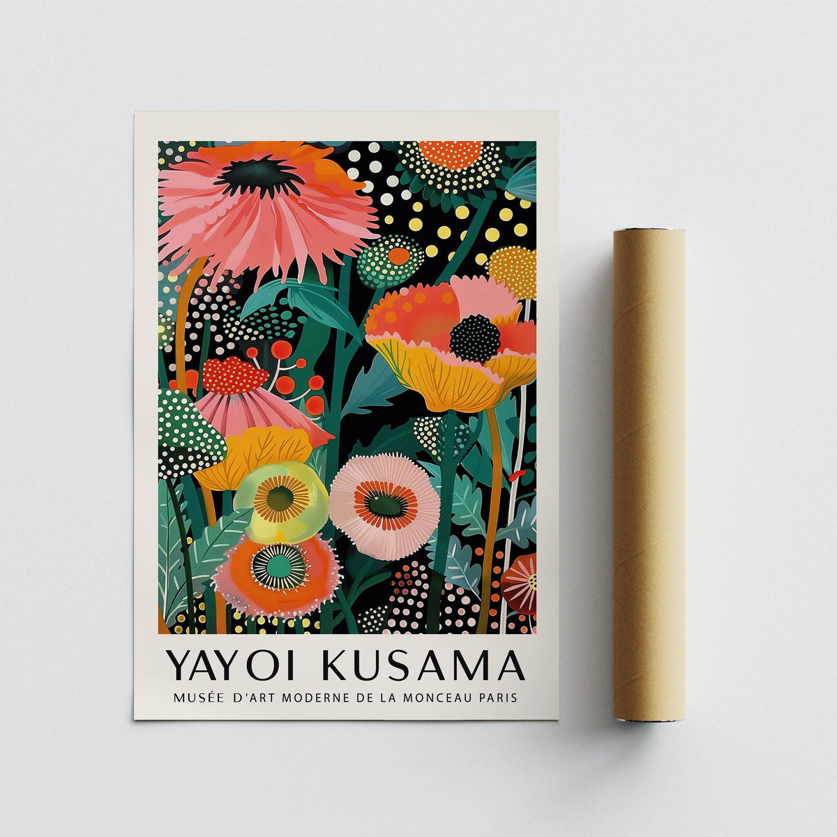 Bright floral artwork laying flat with a brown packaging tube beside it