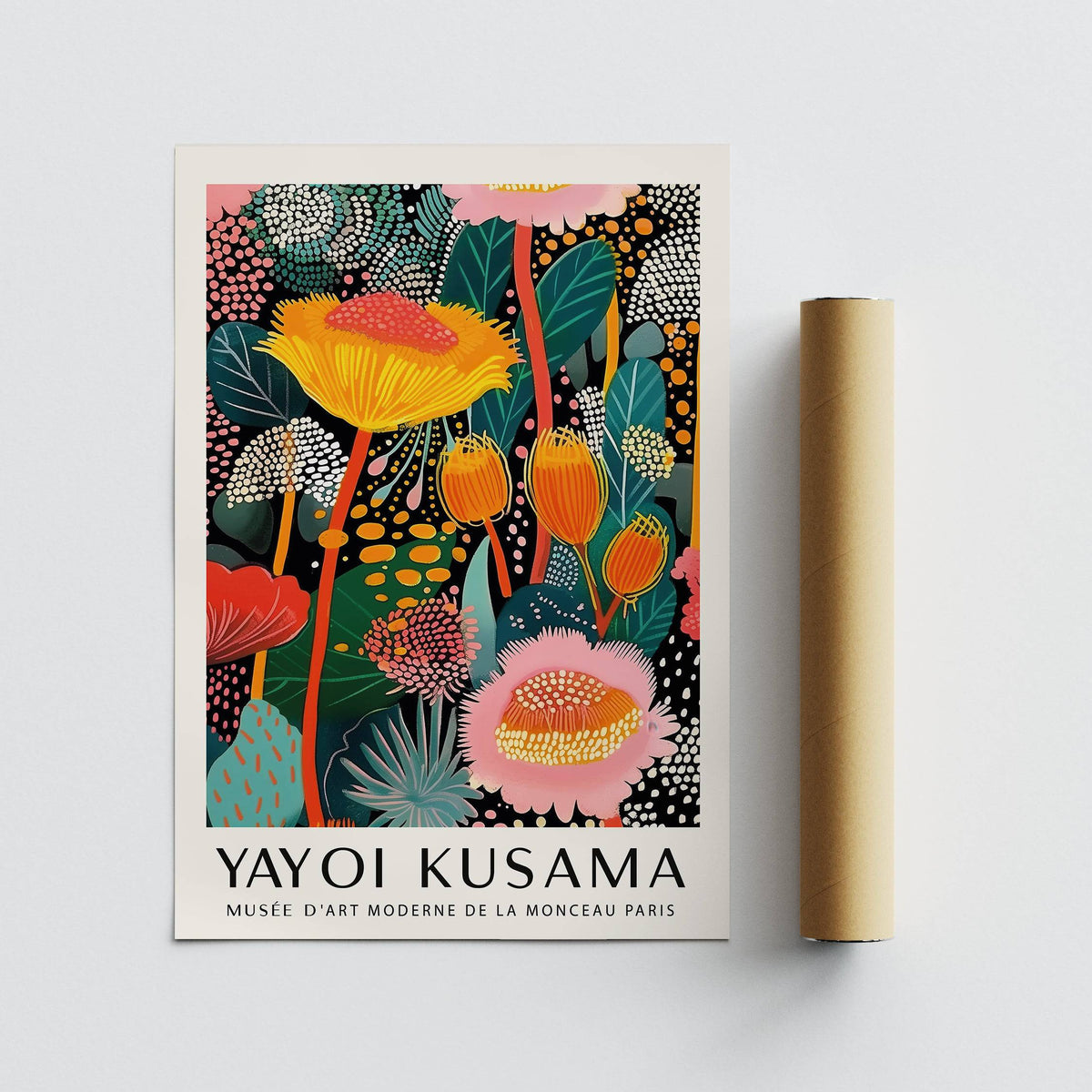 Abstract floral composition with large yellow and pink flowers alongside a packaging tube