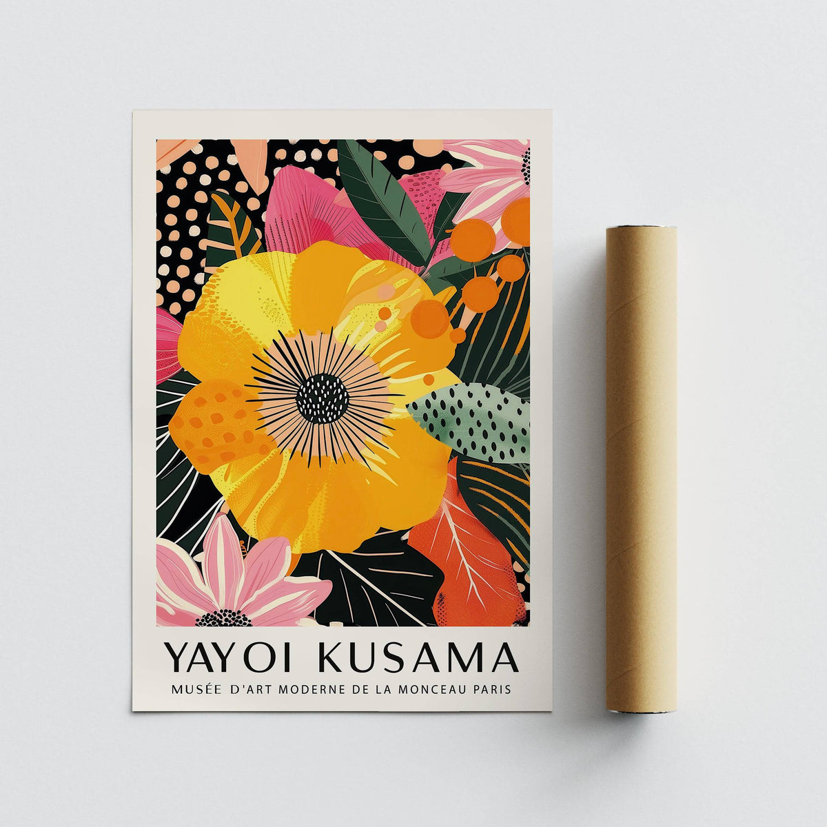Floral wall prints rolled print with yellow tropical flower illustration and text next to packaging tube