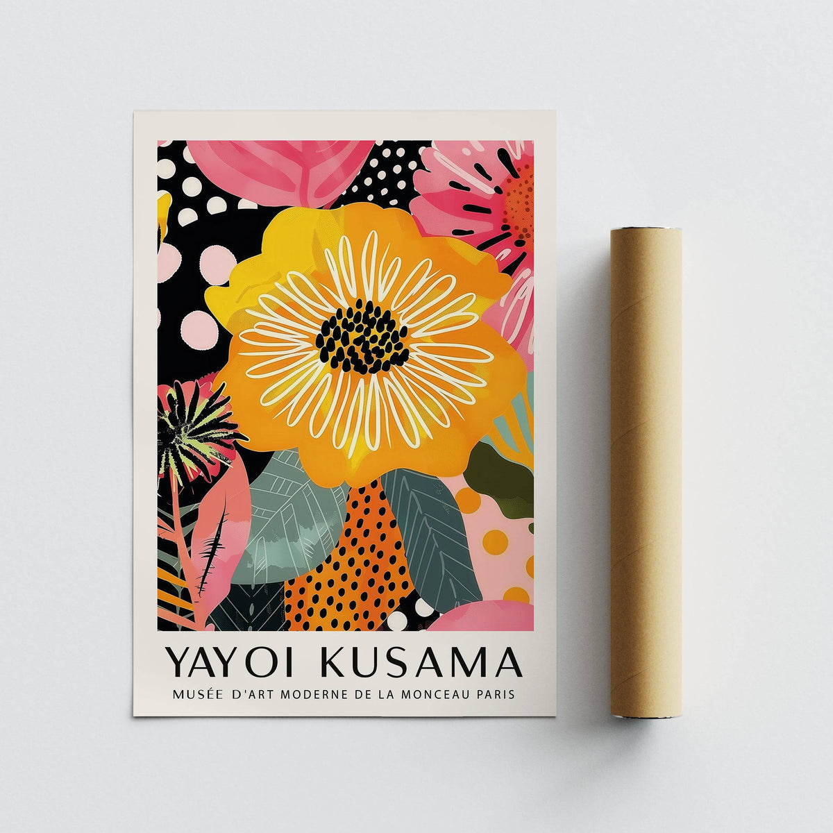 Abstract art of flowers print next to a brown packaging tube on a pale surface