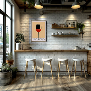 Modern Wine wall art of a minimalist red wine glass above a bar stool in a cafe