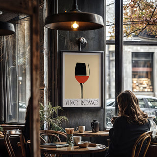 Modern Wine Wall Art print of red wine glass in minimalist style in a cafe near a large window