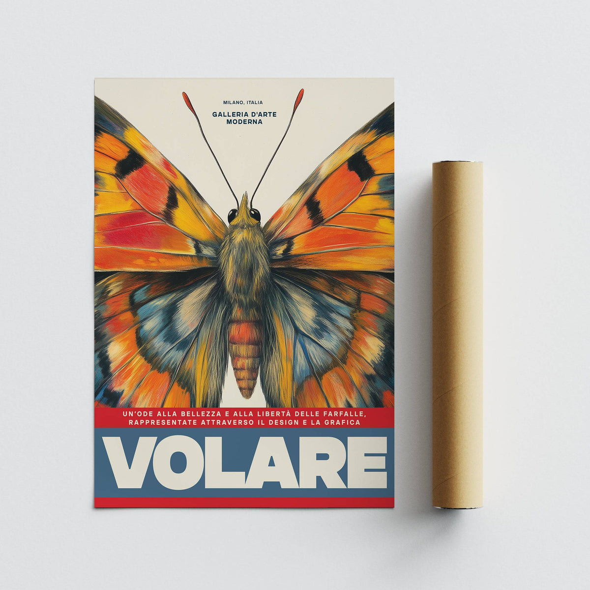 Radiant Wings butterfly art wall print in vintage illustration style with orange and blue wings near a rolled brown tube