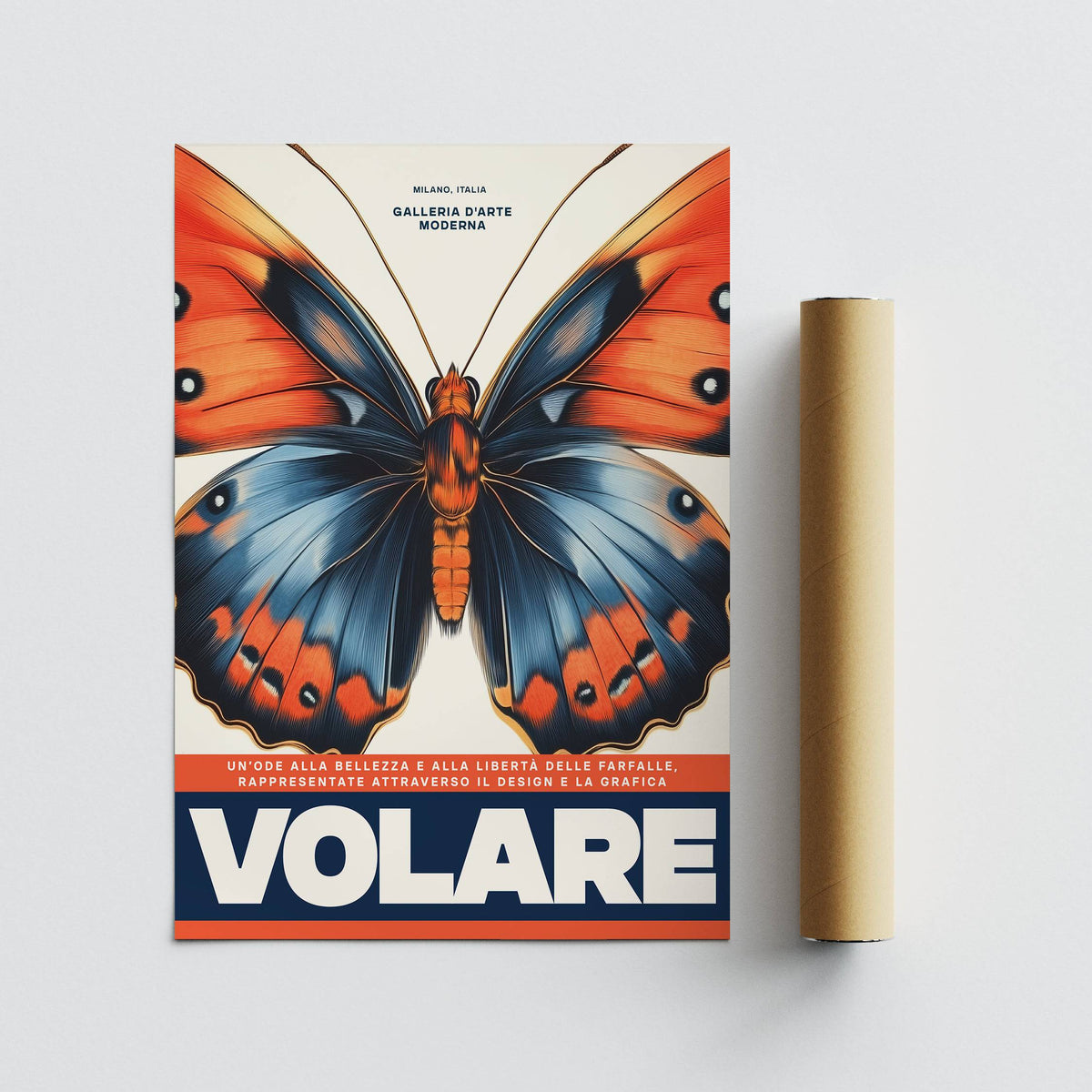 Italian Art Prints of an orange and blue butterfly illustration with bold typographic text with packaging tube next to it