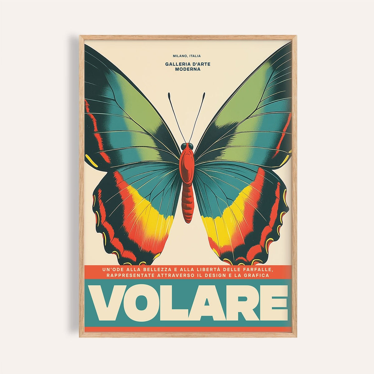 Framed close-up of large butterfly wall art with green yellow and red on cream background