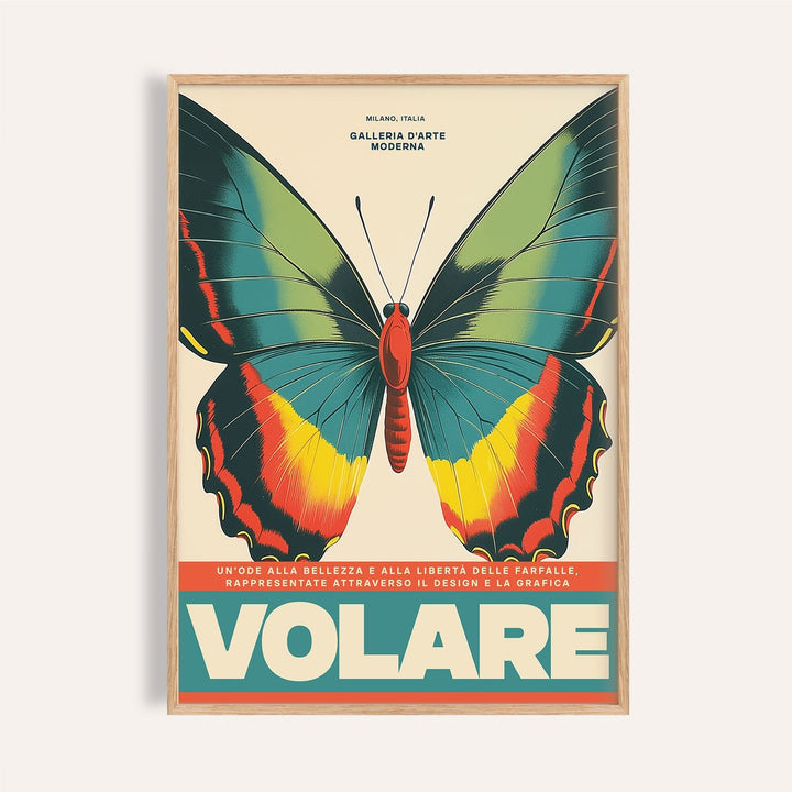 Framed close-up of large butterfly wall art with green yellow and red on cream background