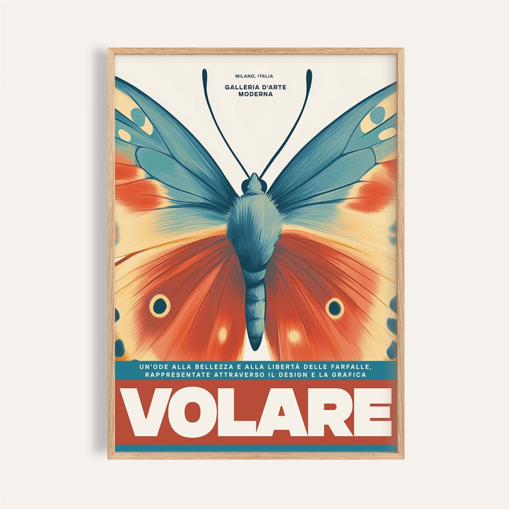 Framed butterfly wall art showing butterfly wings in muted blue and orange with Italian text
