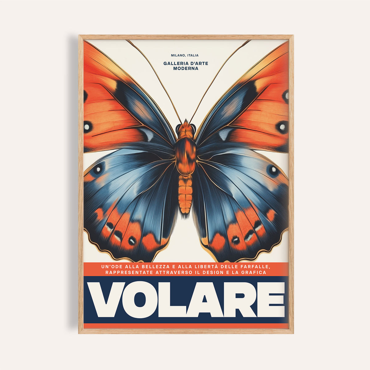 Close-up of Italian Art Prints showing a blue and orange butterfly illustration with bold typography