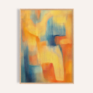 Framed Modern Art Posters of abstract colourful shapes in blue yellow and orange
