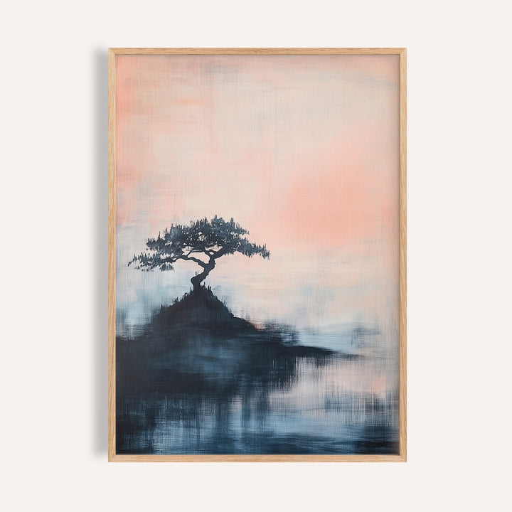 Framed Japanese Abstract Art portraying a bonsai tree on a hill in soft pink and blue tones