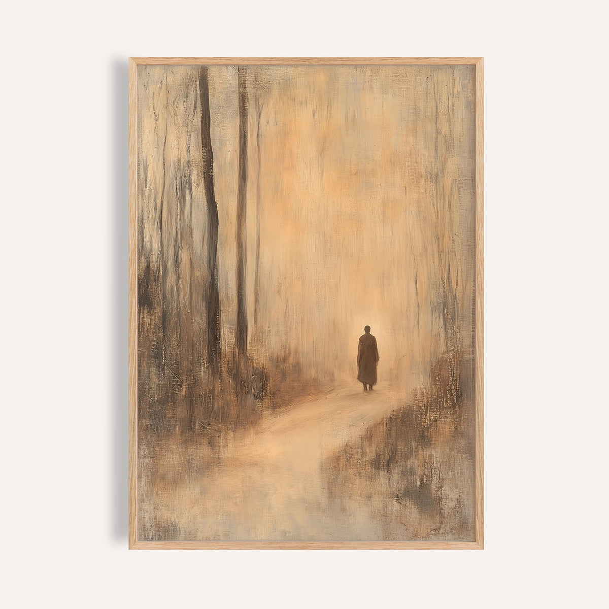 Framed close-up of a monk walking in a misty forest with muted beige and brown tones