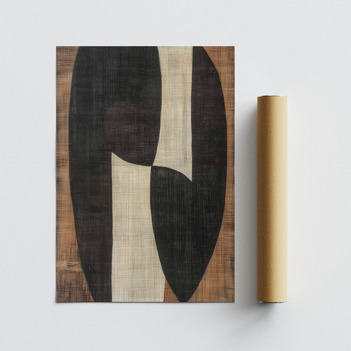 Zen wall art with abstract organic shapes in black brown and cream beside a packaging tube