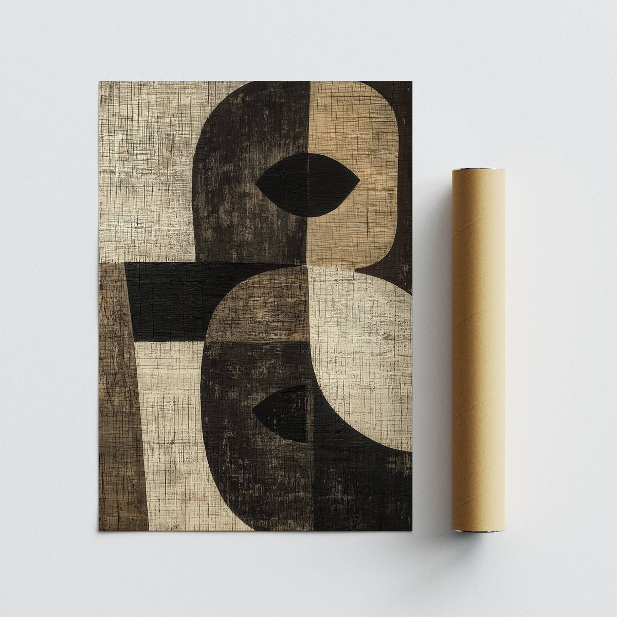 Large Owl Wall Art rolled print with brown packaging tube in minimalist black and beige tones