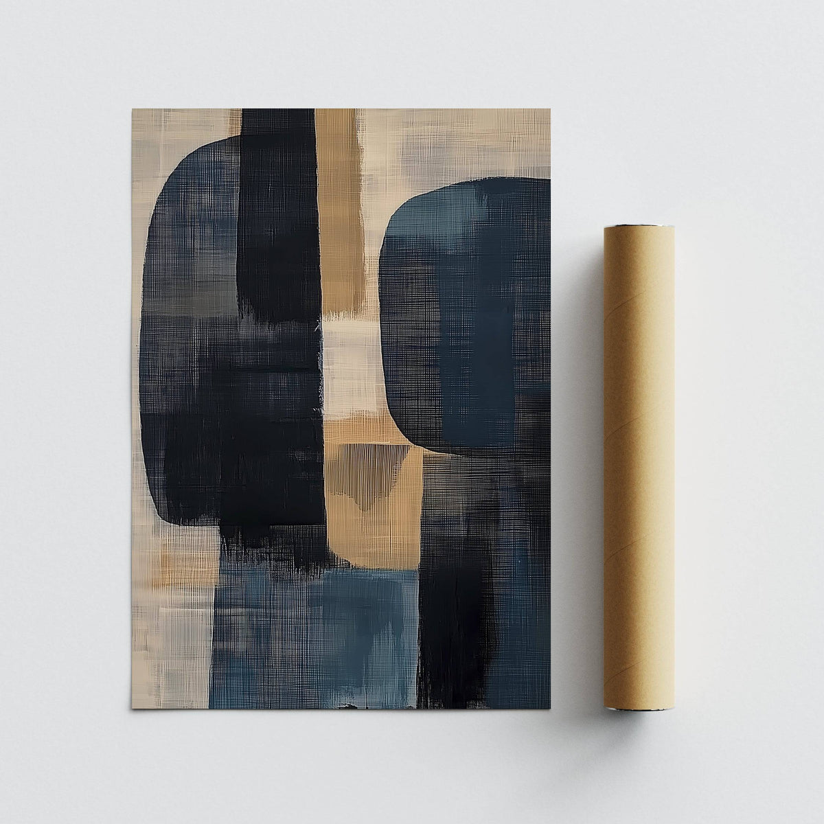 Wabi Sabi Painting rolled print showing abstract blue black and beige shapes with packaging tube