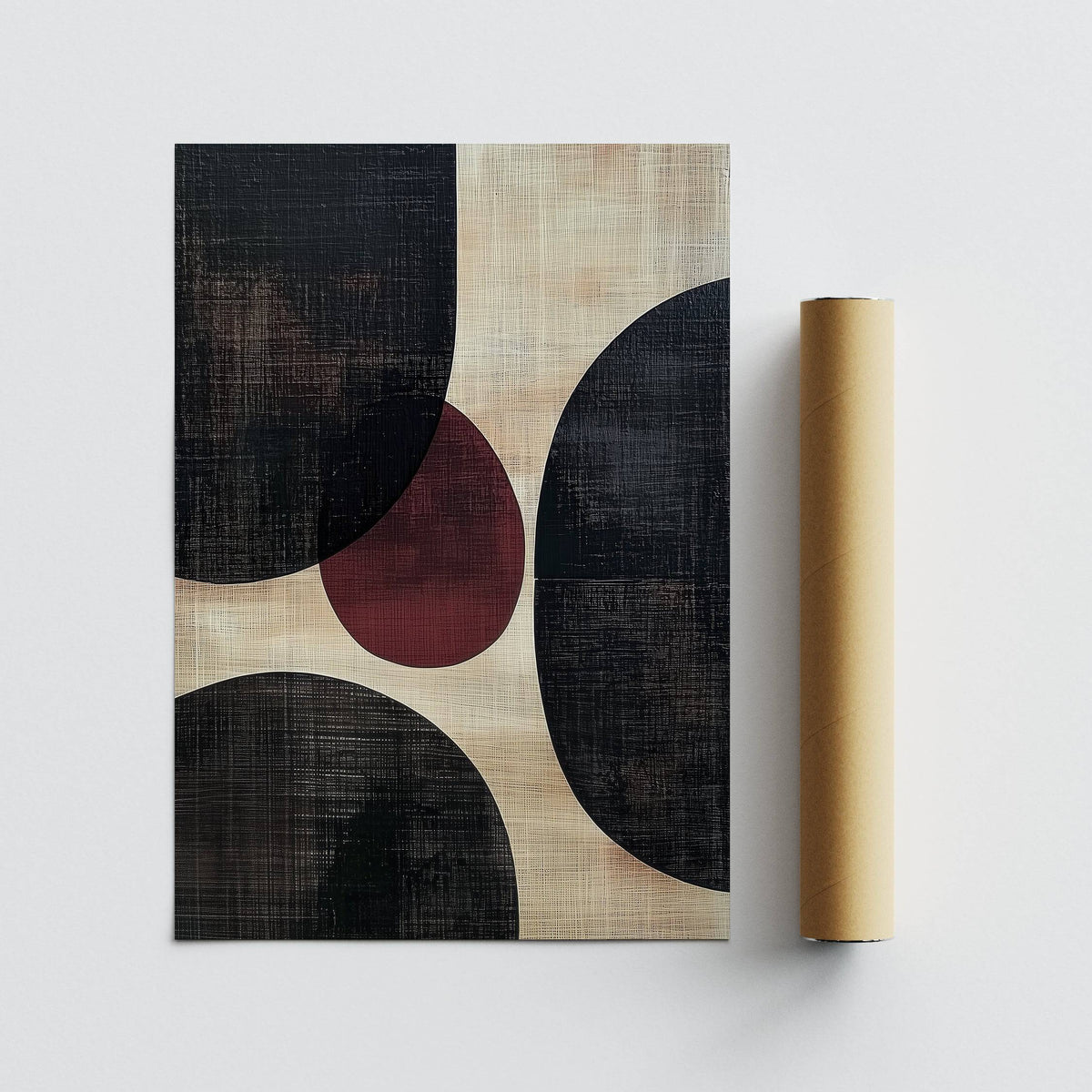 Wall Art Abstract with abstract rounded shapes in black and dark red next to a packaging tube