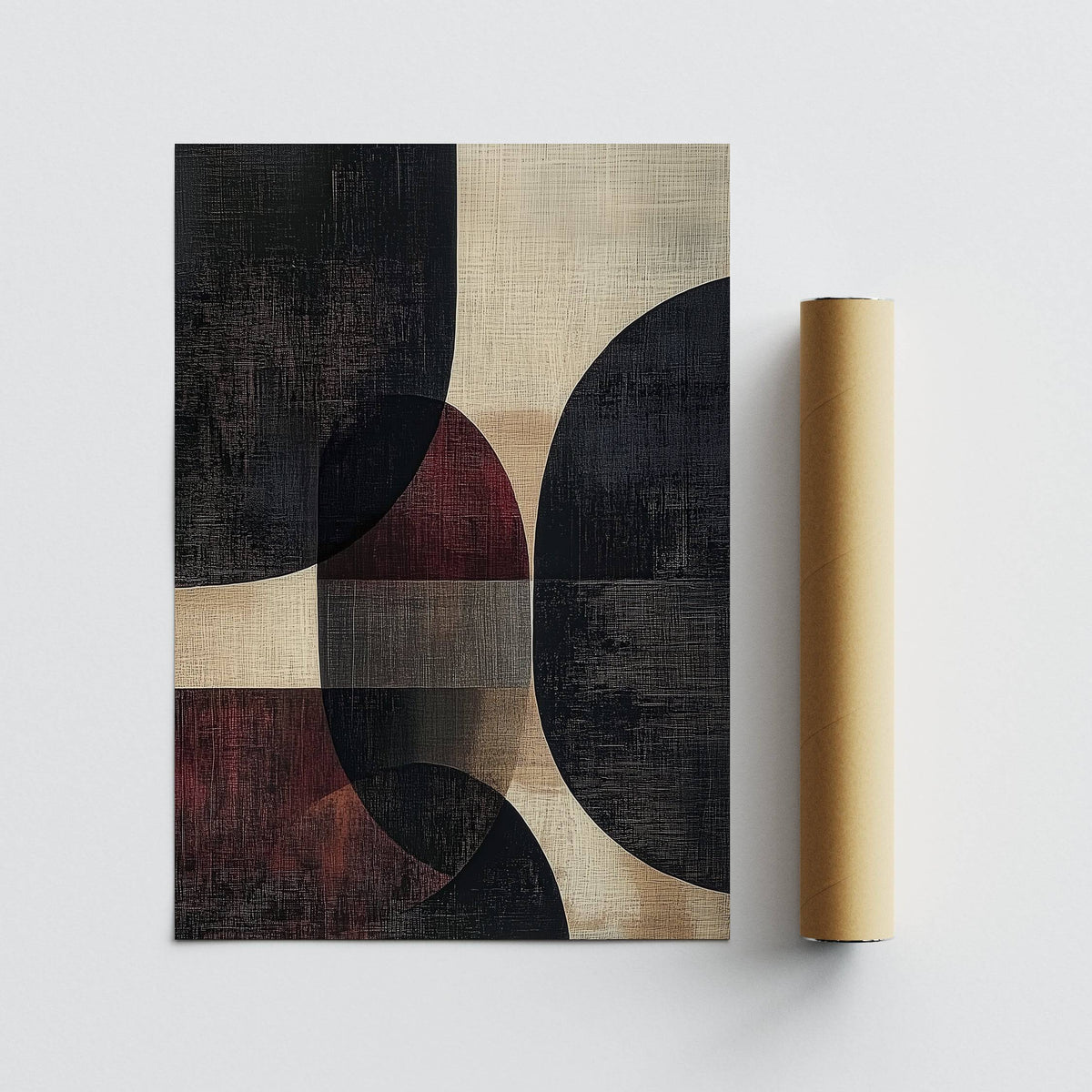 Wall Posters for Living Room with overlapping geometric shapes in beige black and dark red with a packaging tube