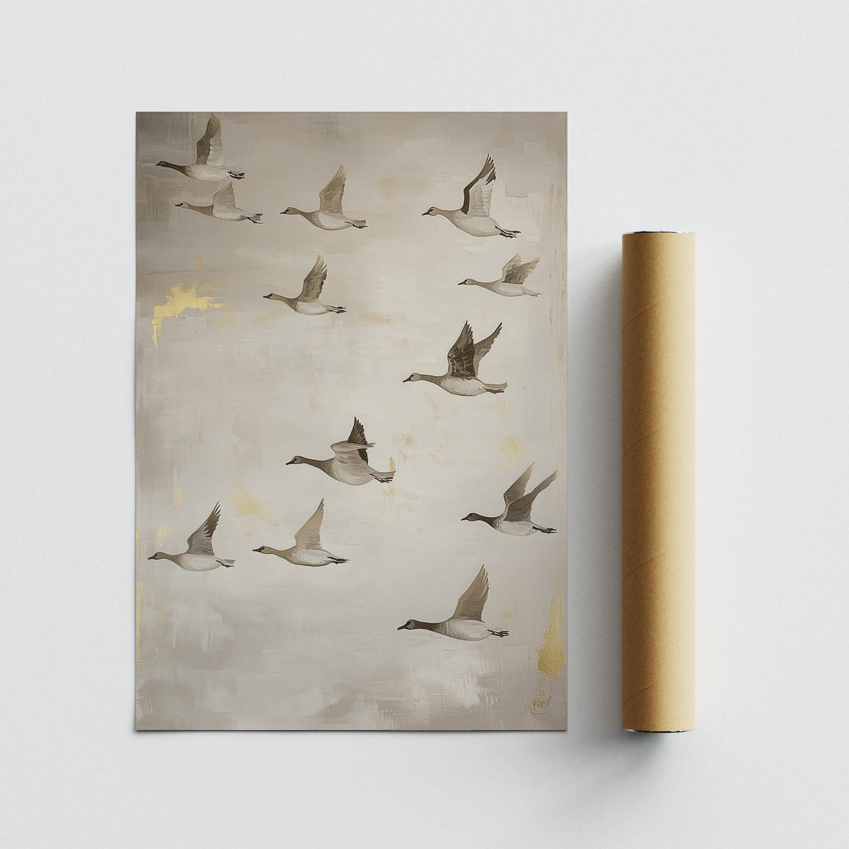 Silent Flight Oriental artwork of flying geese with beige and grey tones alongside a packaging tube