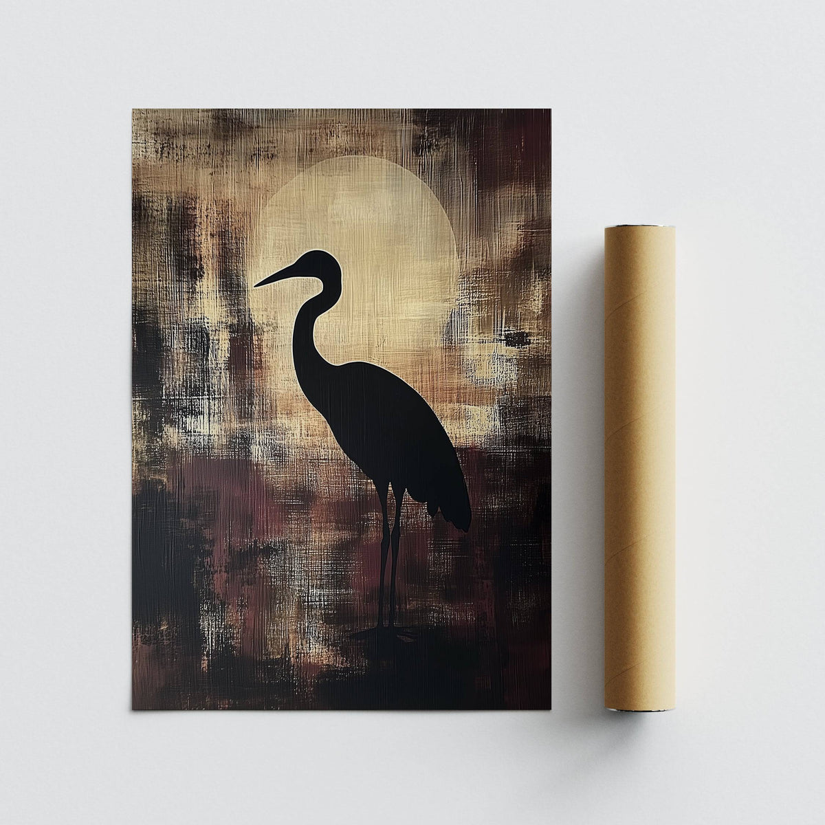Large Heron Wall Art with a black heron silhouette against an abstract brown and beige background alongside a packaging tube