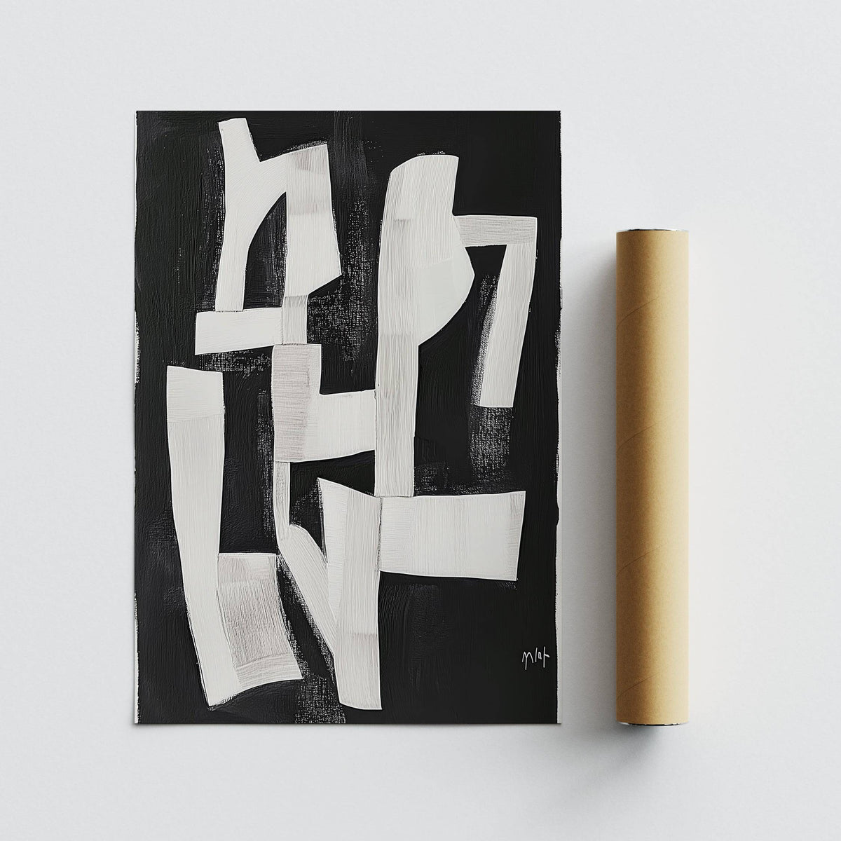 Detail close-up of white abstract shapes on black in minimalist style alongside packaging tube