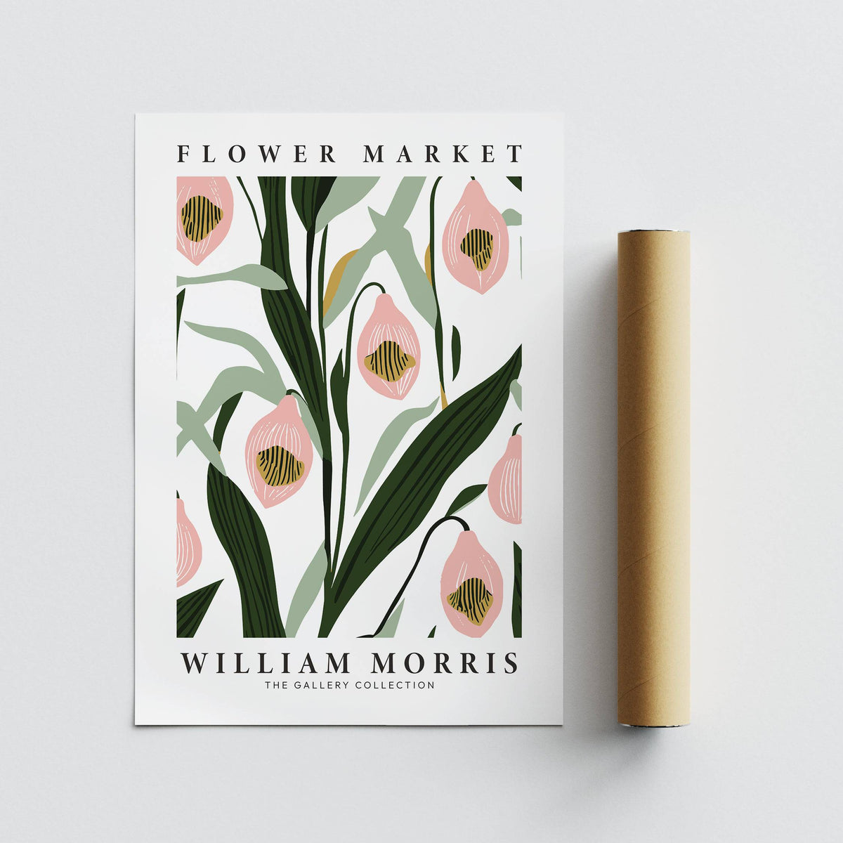 Paintings of Orchids flat artwork with pink orchid flowers and green leaves laid flat next to a brown packaging tube