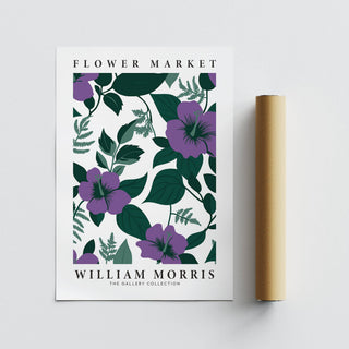 Purple Flower Artwork print with purple flowers and green leaves with packaging tube on a white background