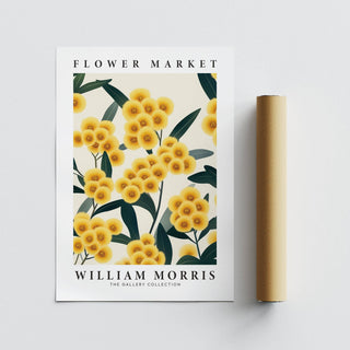 Yellow Flower Wall Art print with yellow pompom flowers and dark green leaves beside a brown packaging tube
