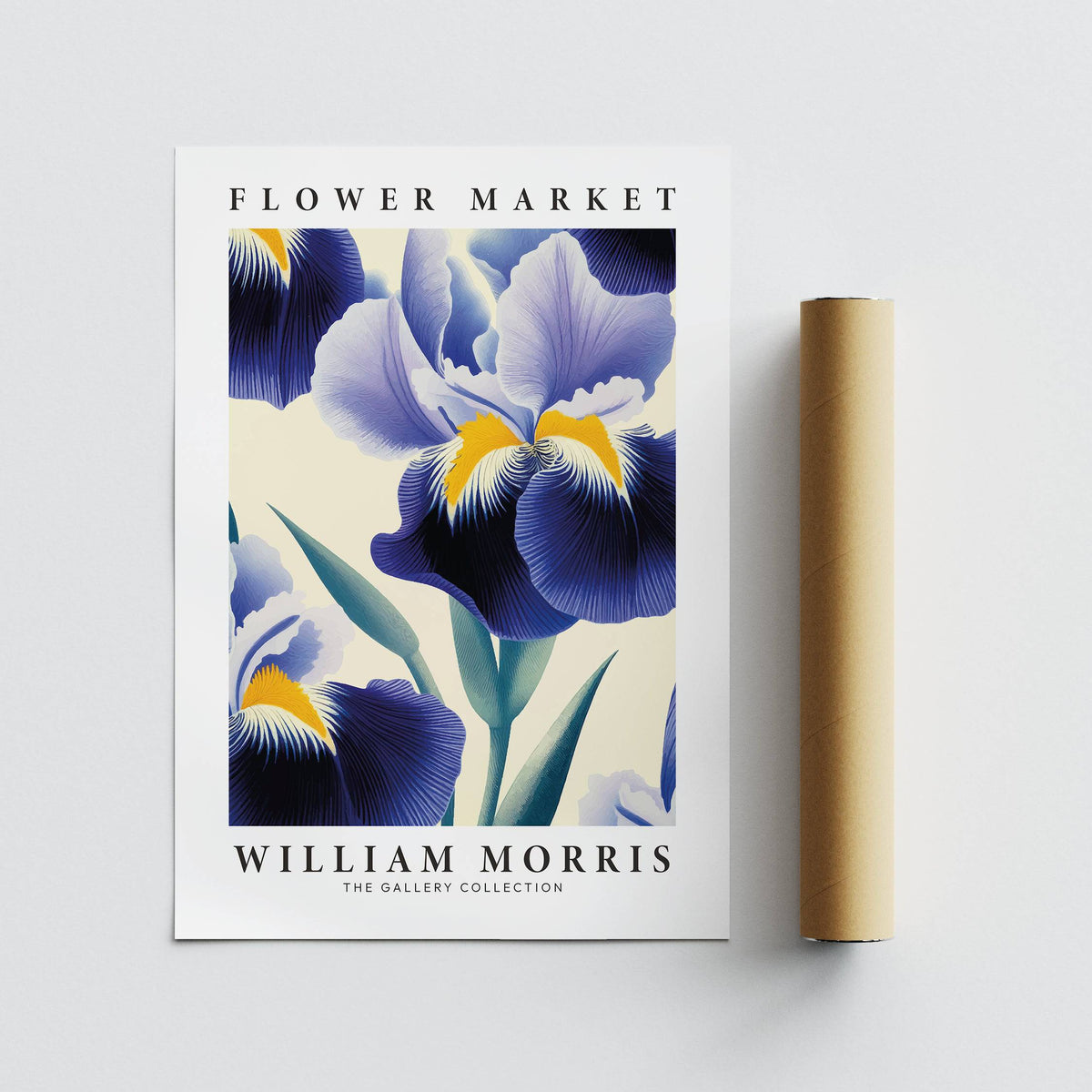 Purple flower wall art of a blue iris flower with yellow highlights beside a brown packaging tube