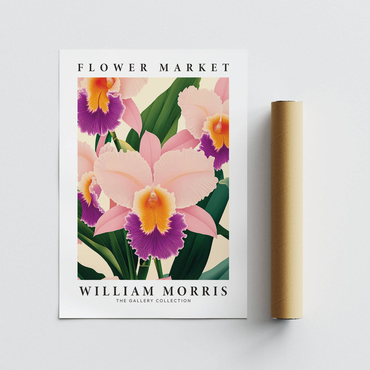 Wall Art Orchids botanical illustration with pink and purple orchids beside a packaging tube