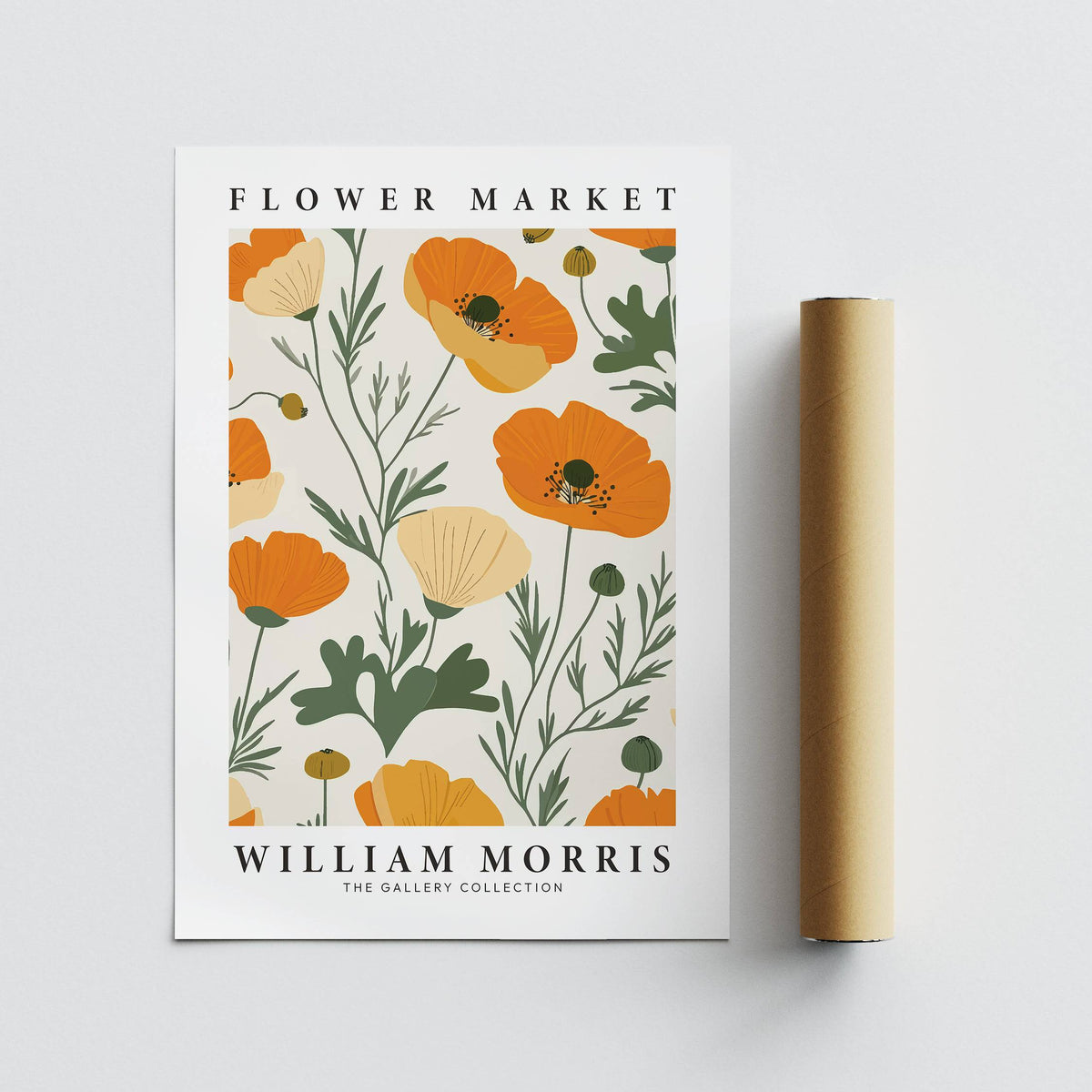 Wall Art Poppies print leaning on a surface next to a brown packaging tube in white background
