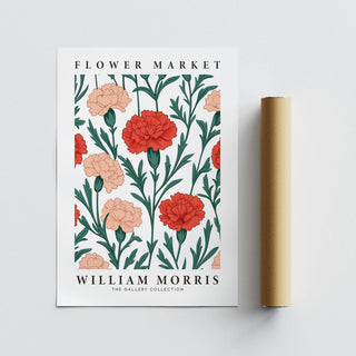 Pictures for Living Room print of vintage carnation flowers beside a brown packaging tube on a white surface