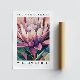 Flower wall art showing a pink king protea illustration with brown packaging tube on white background