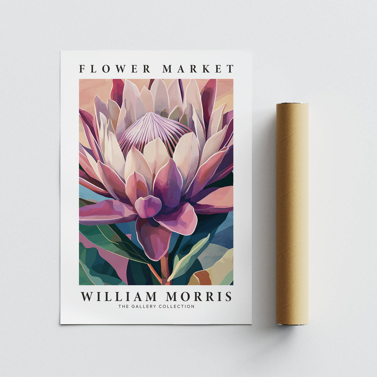 Flower wall art showing a pink king protea illustration with brown packaging tube on white background