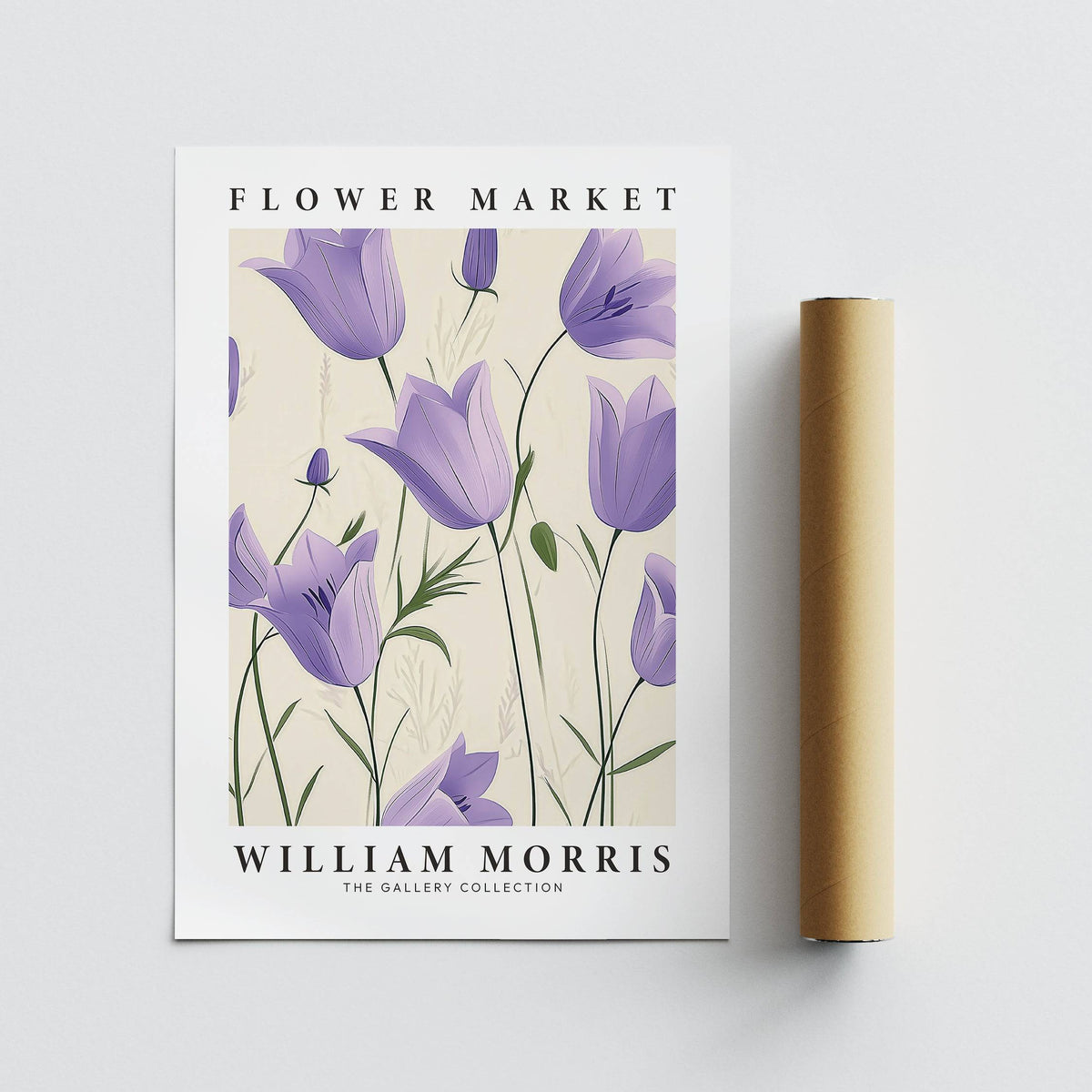Wall art tulips print laid next to a brown packaging tube on a white surface