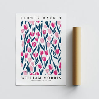 Tulip Decor print with pink tulips and dark green leaves next to a brown packaging tube