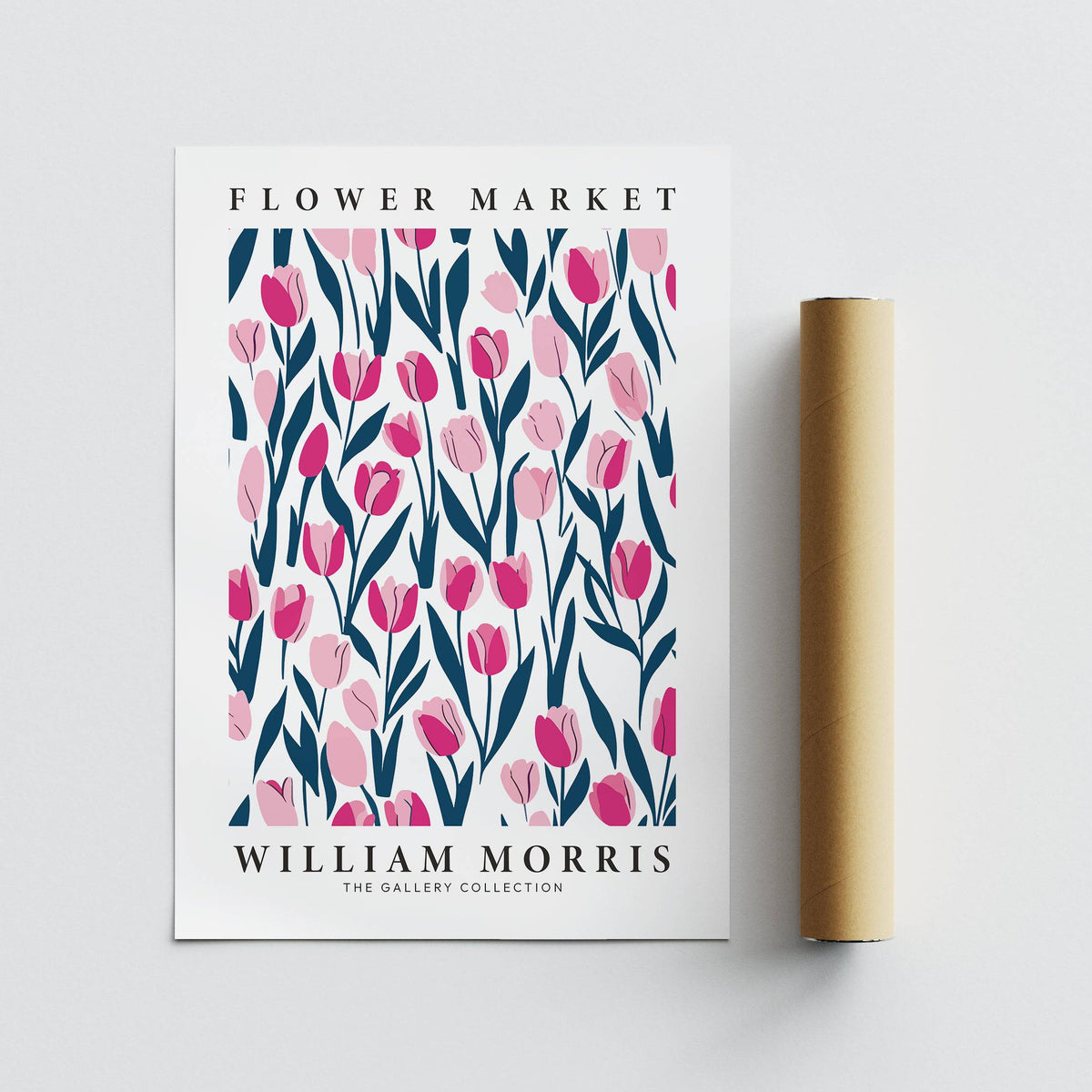 Tulip Decor print with pink tulips and dark green leaves next to a brown packaging tube