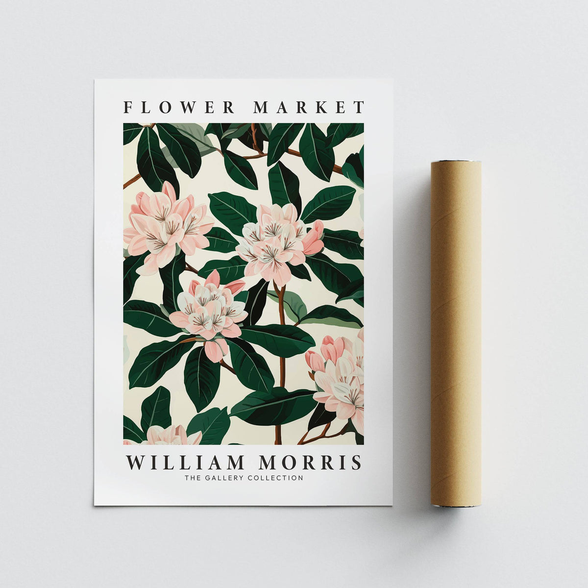 Magnolia wall art print with pink flowers and dark green leaves next to a brown packaging tube
