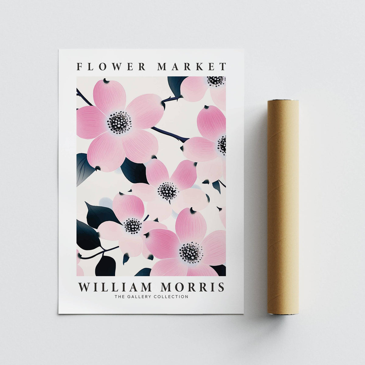 Print showing pink dogwood flowers and dark leaves next to a brown packaging tube