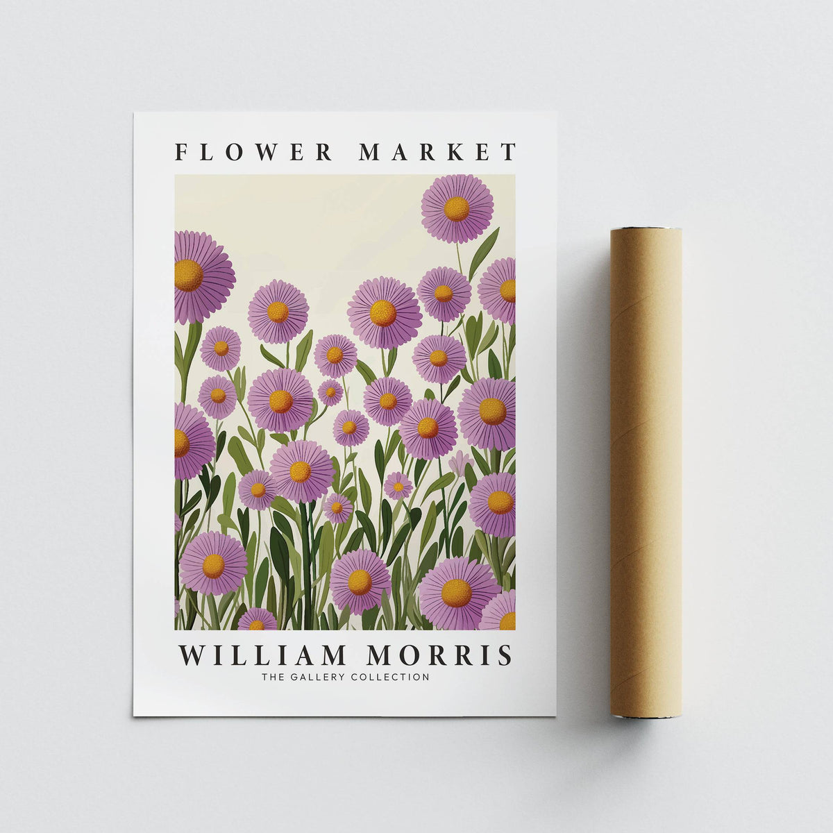 Purple floral wall art illustration of purple daisies beside a brown packaging tube