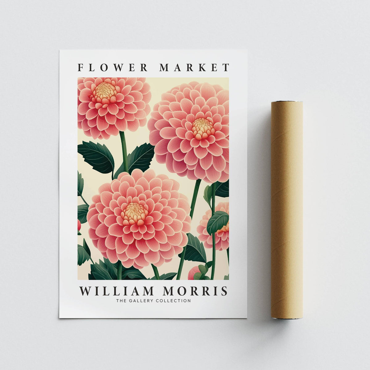Pink wall decor showing botanical illustration of pink dahlia flowers on cream background with brown packaging tube