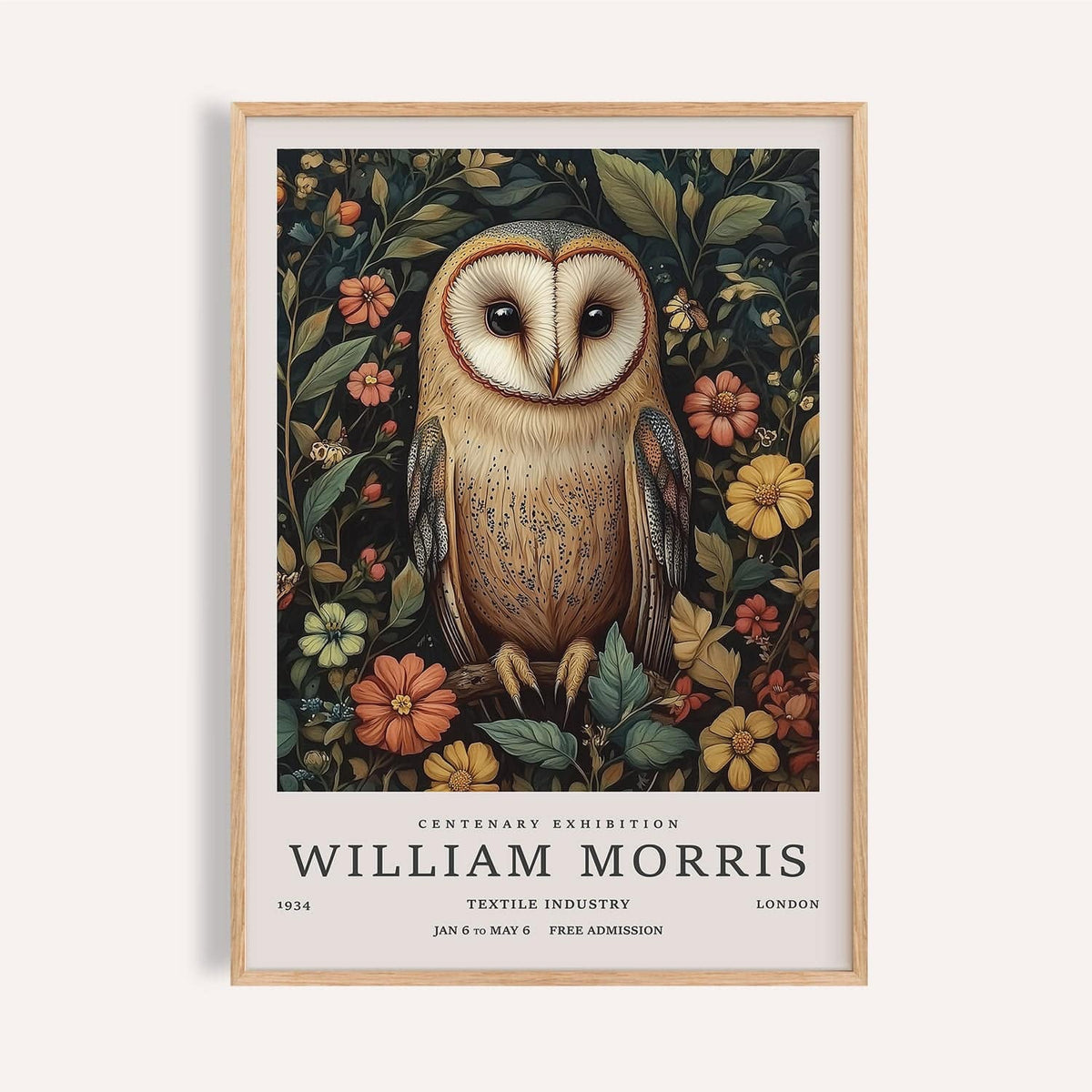 Framed Owl Prints of a detailed barn owl with flowers in green and orange shades