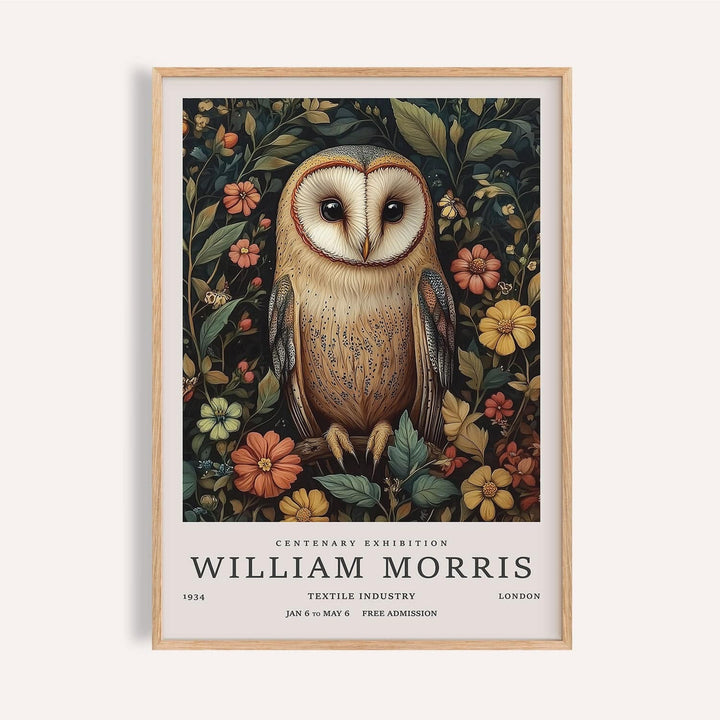Framed Owl Prints of a detailed barn owl with flowers in green and orange shades