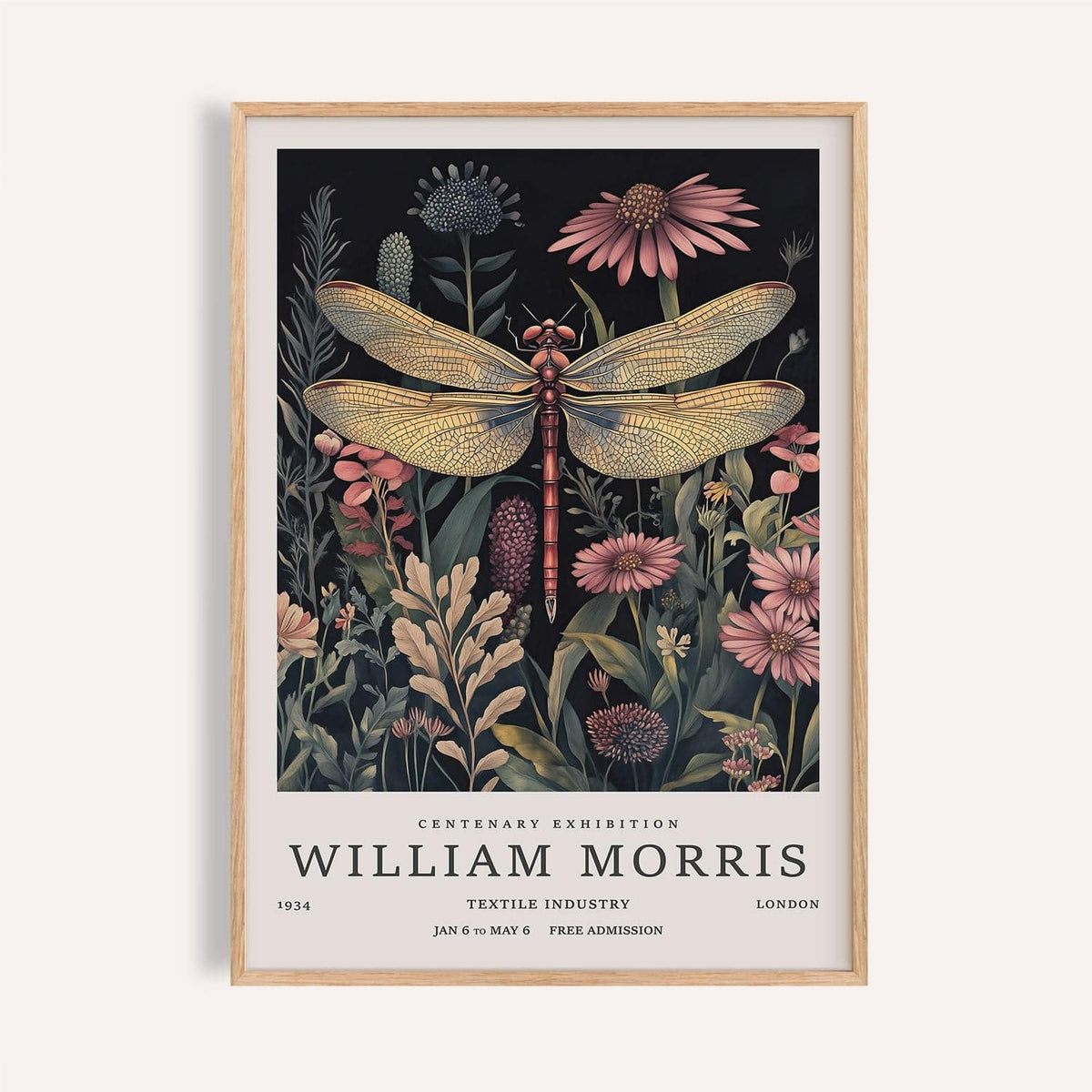 Framed Dragonfly Art Prints showing a vintage botanical illustration with pink flowers and green leaves